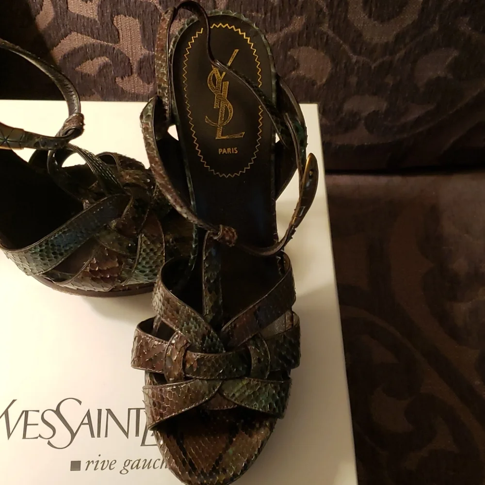 Yves Saint Laurent Green Brown Snakeskin Platform Heels